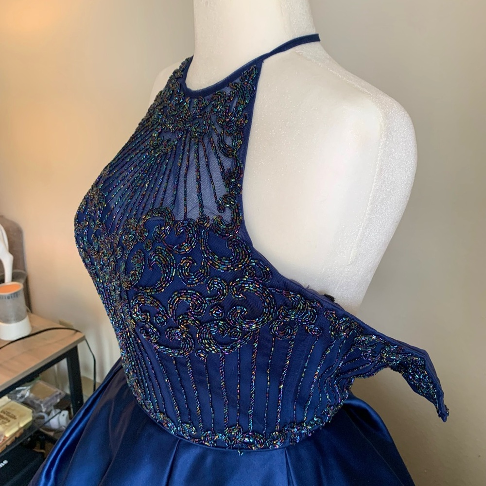 Sherri Hill Royal Blue Halter NeckFormal Prom Ballgown Dress with Beaded Accents - Picture 4 of 9